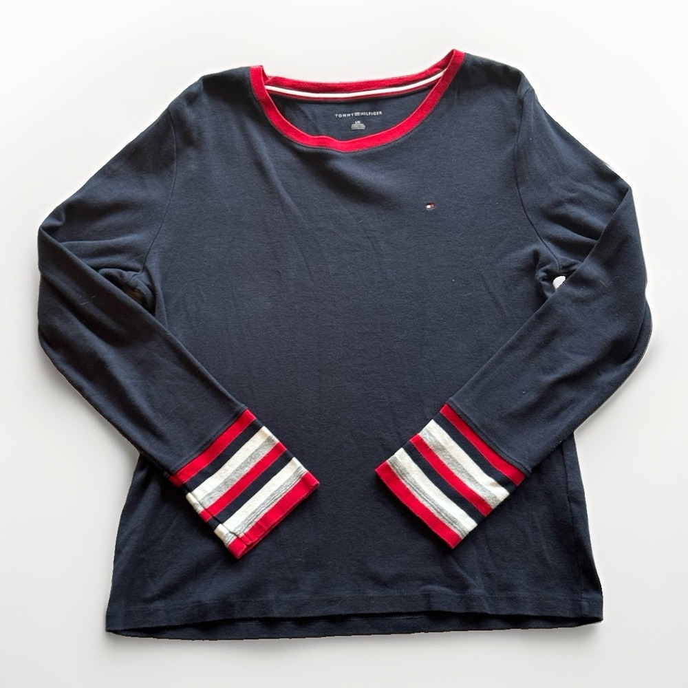 Tommy Hilfiger Women's Large Navy Long Sleeve Shirt Striped Cuffs Cotton